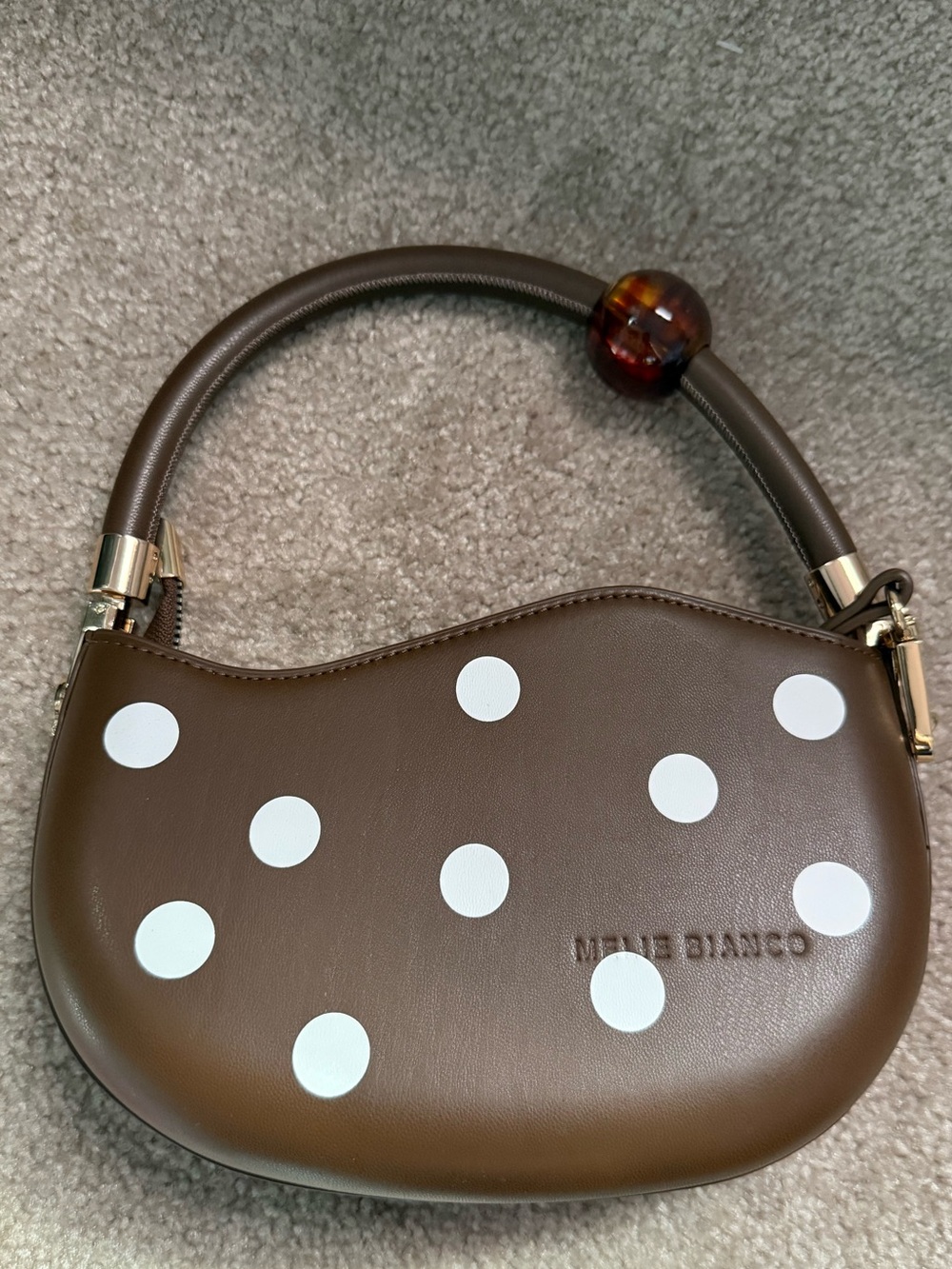 Melie Bianco Brown Leather Mini Bag with White Polka Dots